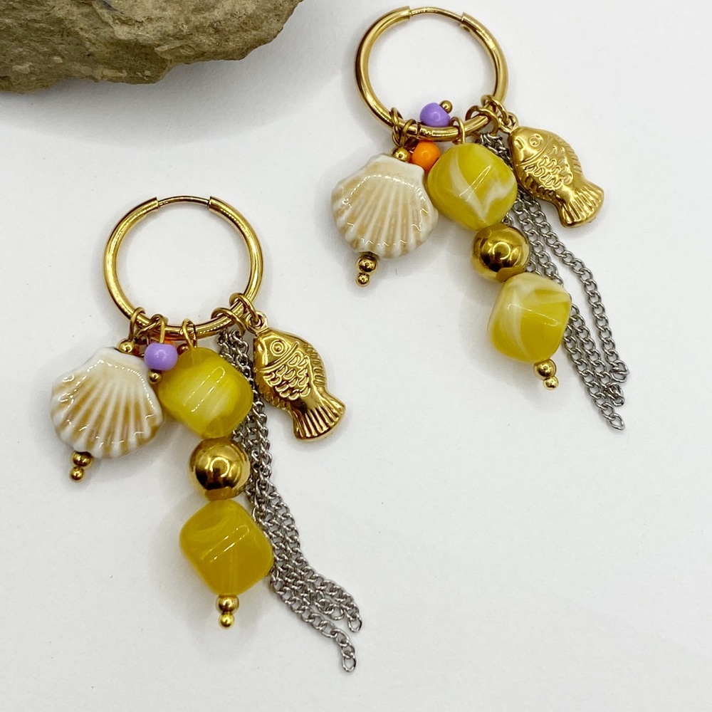 NEW Shell & Yellow Stone Charm Hoop Earrings
